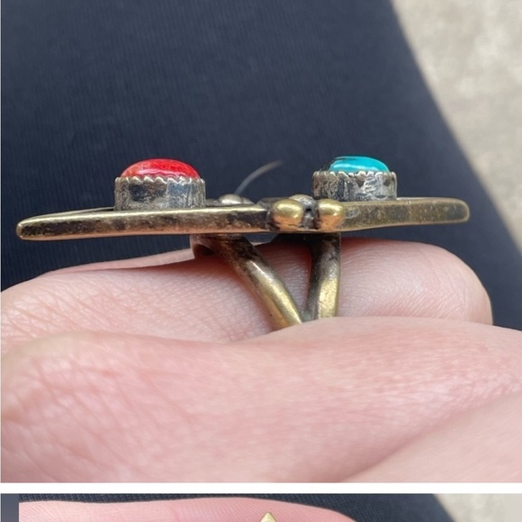Spell and the Gypsy two lovers ring brass, coral, turquoise size 8